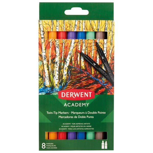 Flomaster obostrani 8boja (brush/fine) karton Academy Derwent blister 98206 - ODDO igračke